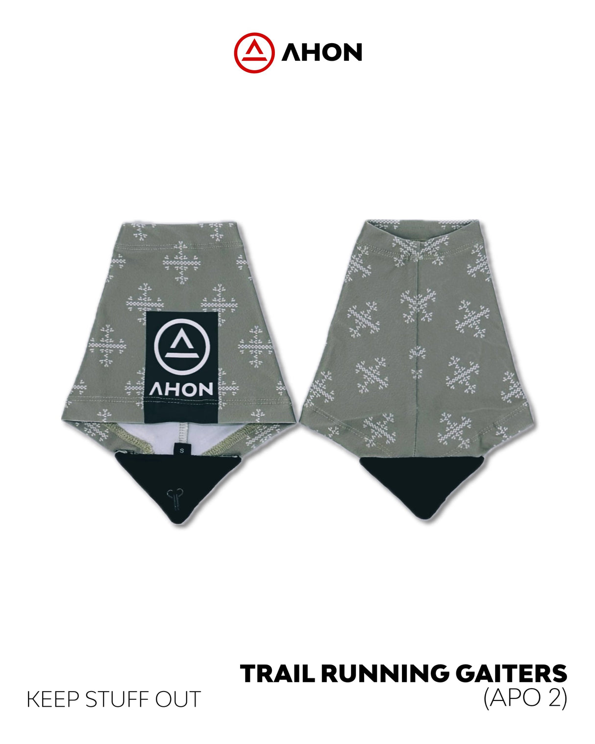 Pair of Apo 2 trail running gaiters by Ahon with logo visible