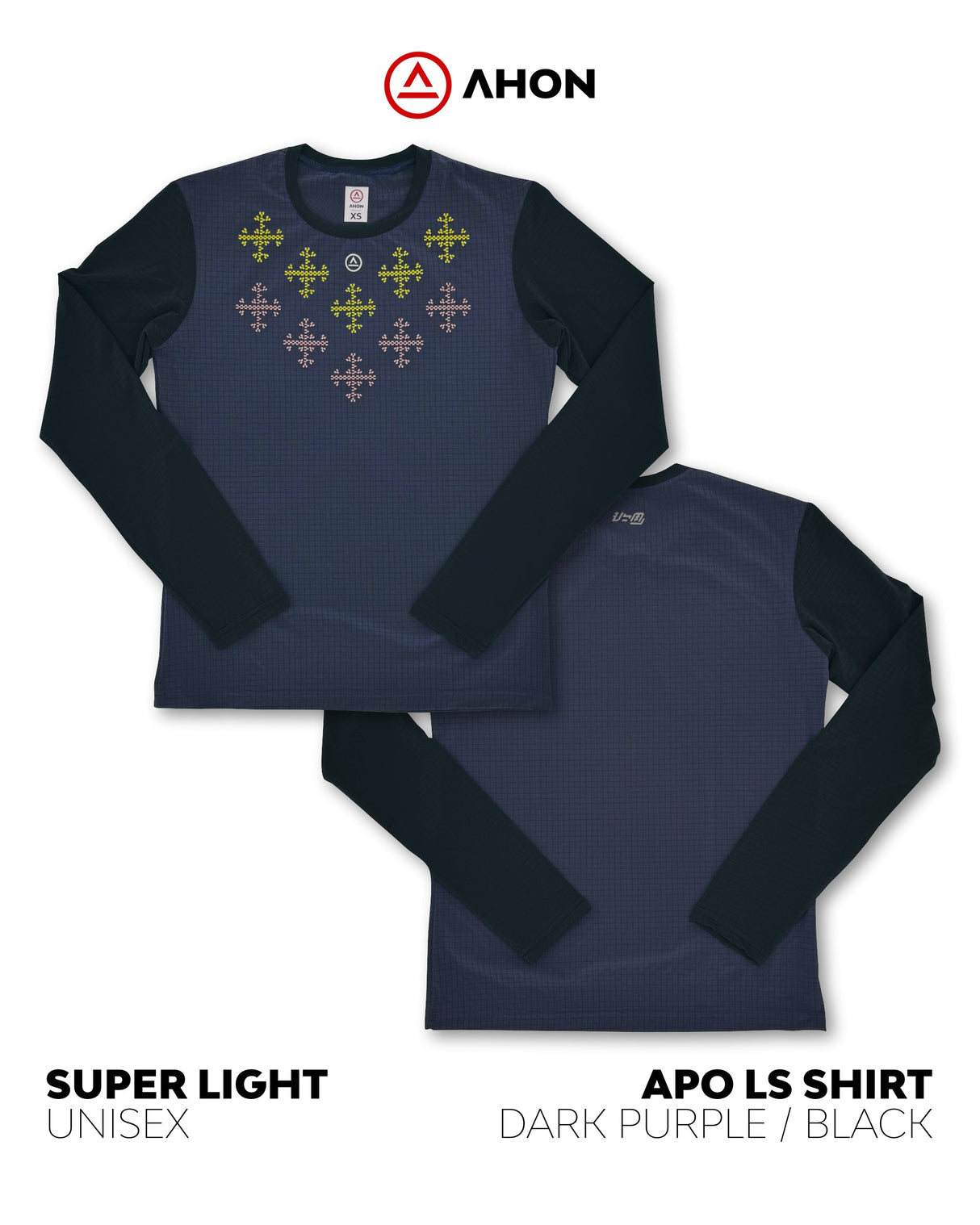 Flatlay of Apo Super Light LS Shirt in Dark Purple with Filipino-weaving-inspired front design