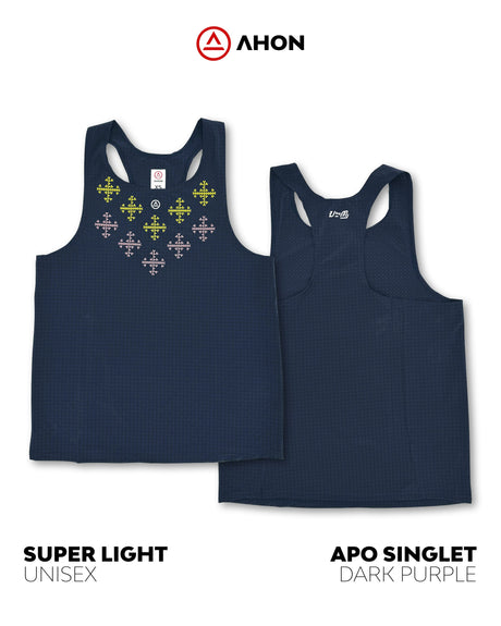 Front and back view of Ahon Apo Super Light Singlet in dark purple, showcasing athletic cut and minimal seams.