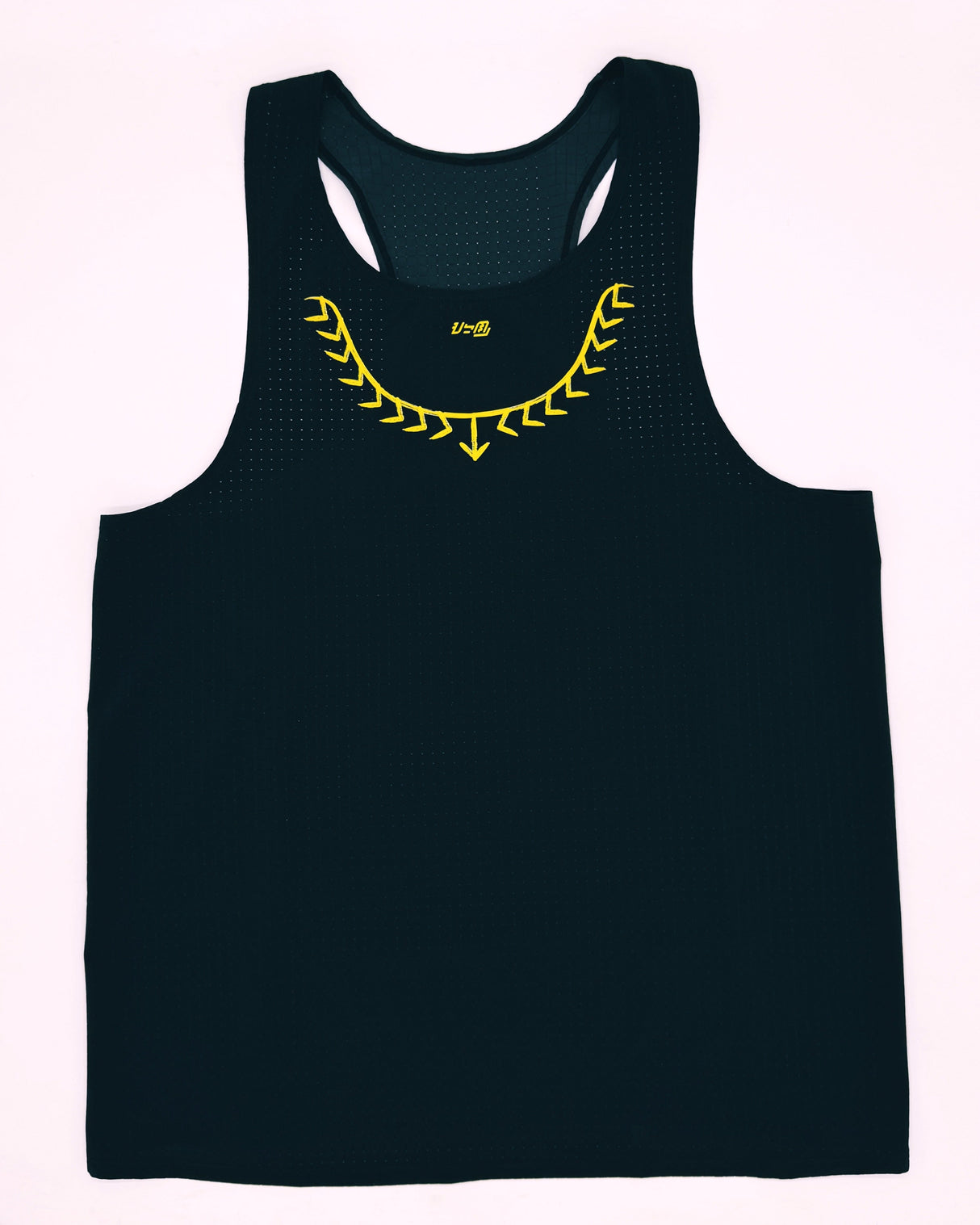 Close-up of lightweight mesh texture and yellow detail on Ahon singlet