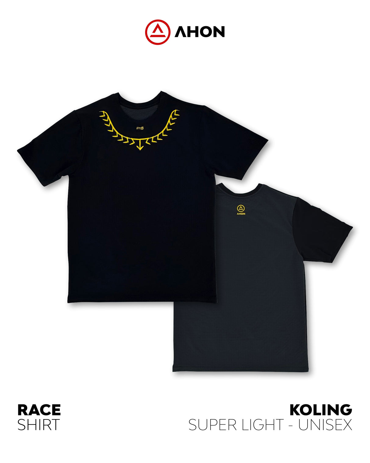 Front and back view of Ahon Koling Super Light SS Shirt in black with yellow tattoo-inspired graphic on the collar.