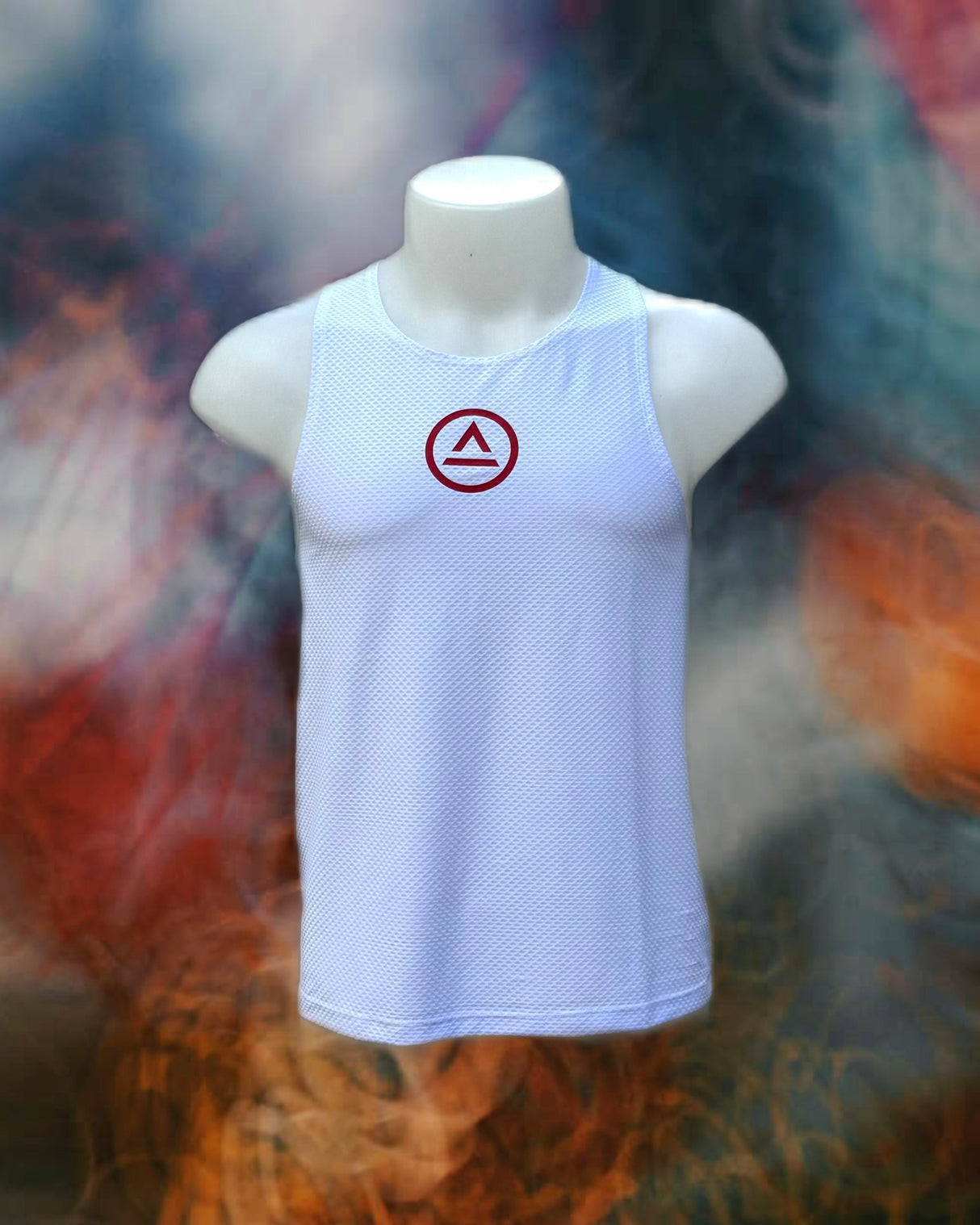 Front view of KSU Singlet 1 in white with red Ahon logo – trail mesh running top