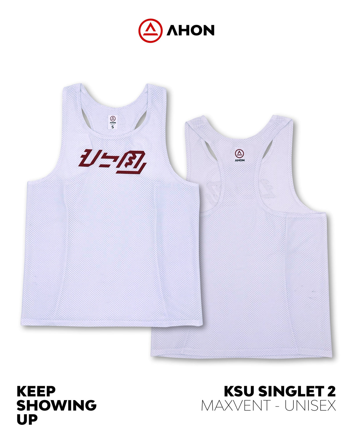 Front view of Ahon KSU Singlet 2 in white with red Baybayin logo