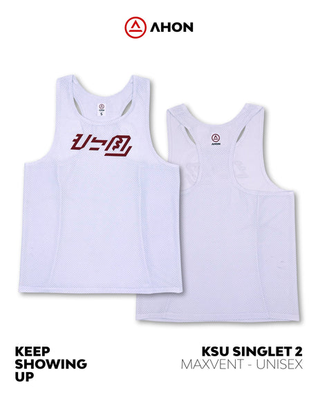 Front view of Ahon KSU Singlet 2 in white with red Baybayin logo