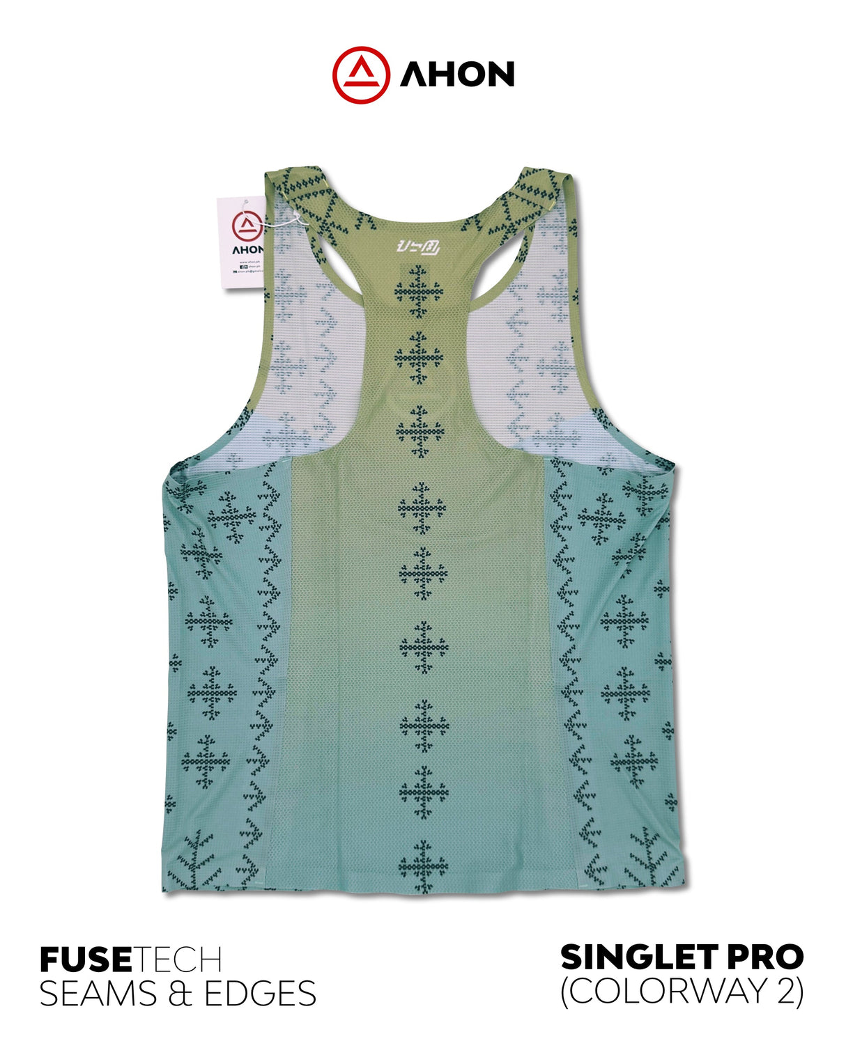 Ahon Singlet Pro Colorway 2 laid flat, showing detailed bonded edges and woven-inspired pattern