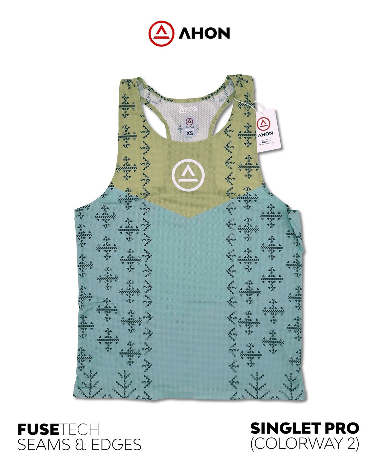 Ahon Singlet Pro Colorway 2 laid flat, showing detailed bonded edges and woven-inspired pattern