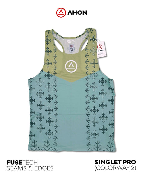 Ahon Singlet Pro Colorway 2 laid flat, showing detailed bonded edges and woven-inspired pattern