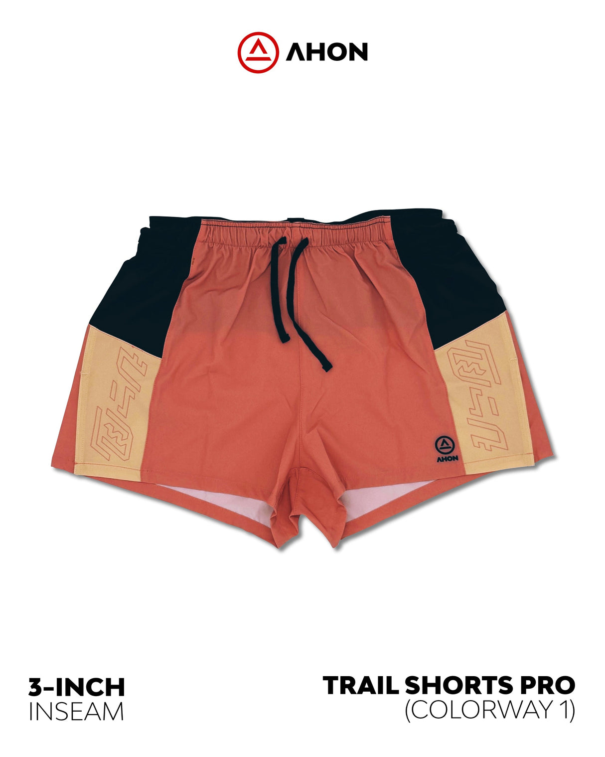 Front view of Ahon Trail Shorts Pro showing the split hem and deep stretch pocket