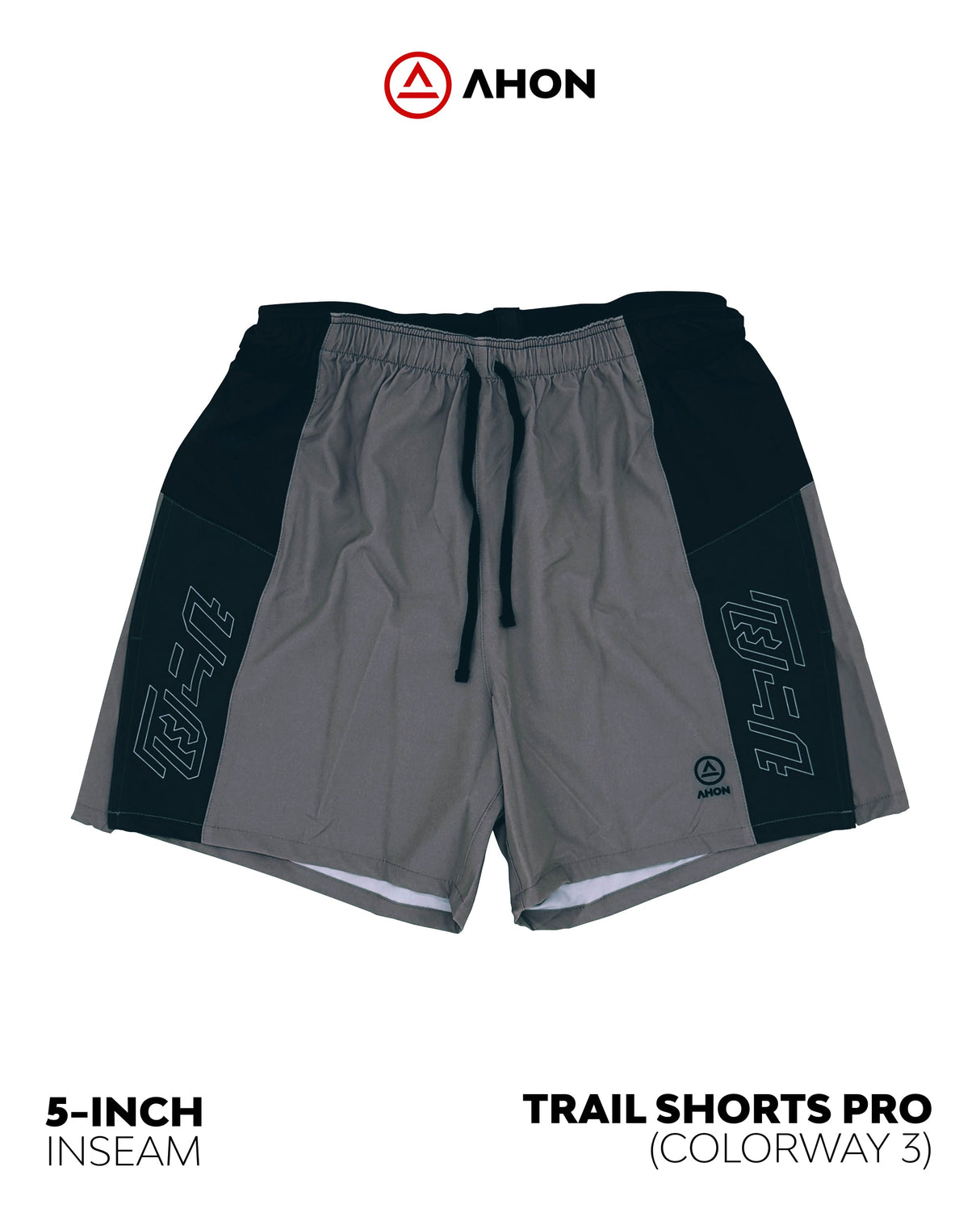 flatlay of Ahon Trail Shorts Pro (colorway 3) 5 - inch inseam, front view