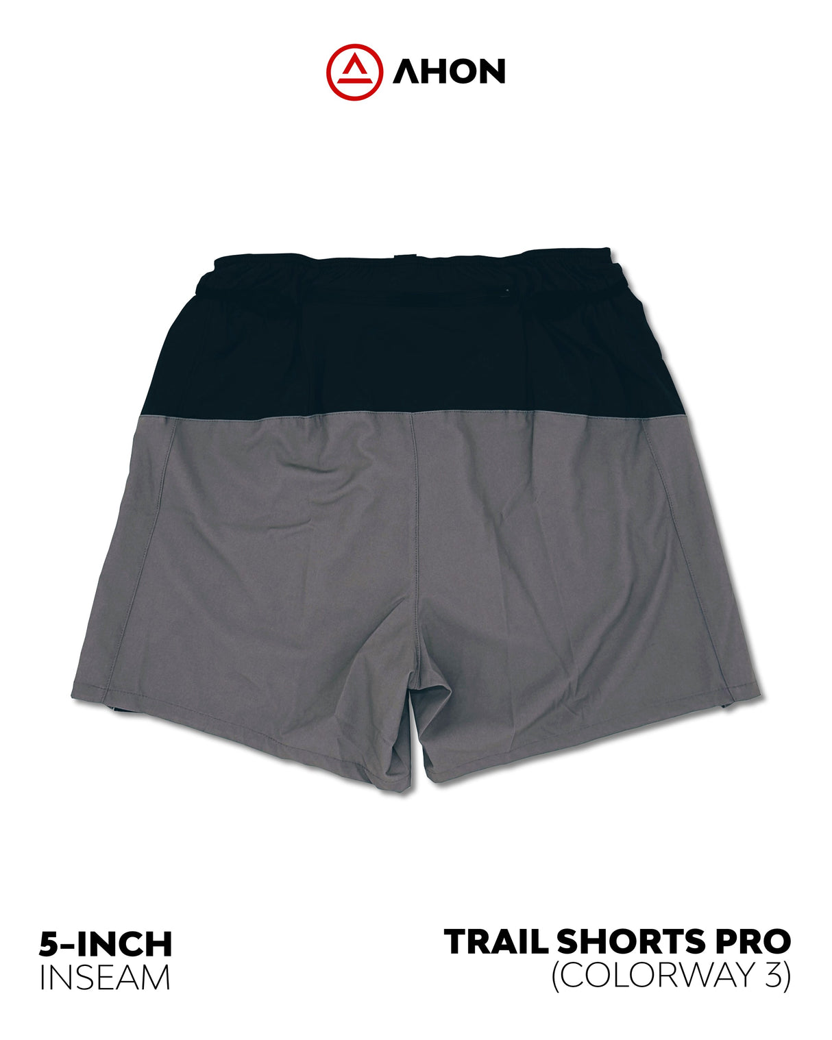 flatlay of Ahon Trail Shorts Pro (colorway 3) 5 - inch inseam, back view