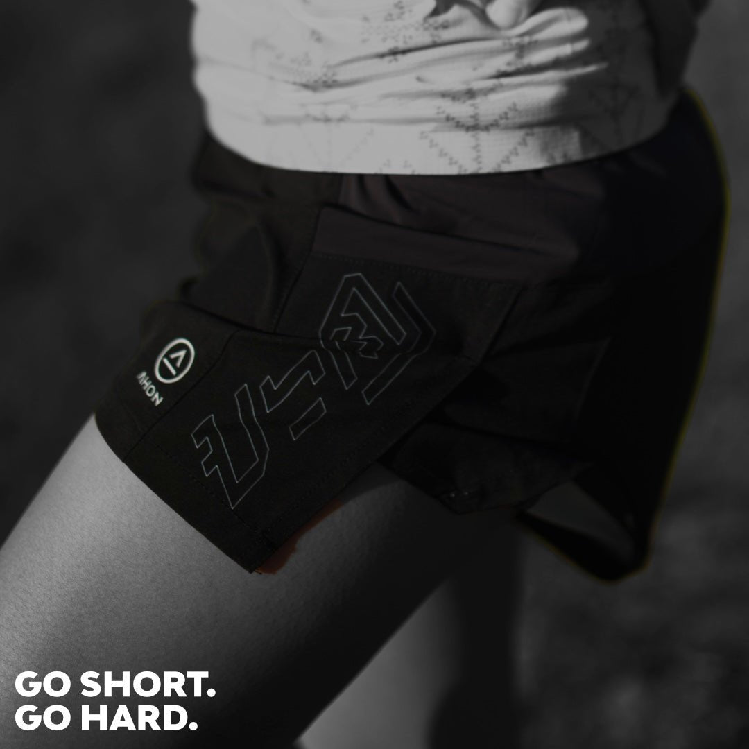 Close-up of Ahon Trail Shorts Pro (Colorway 4) showing split side design and side pockets