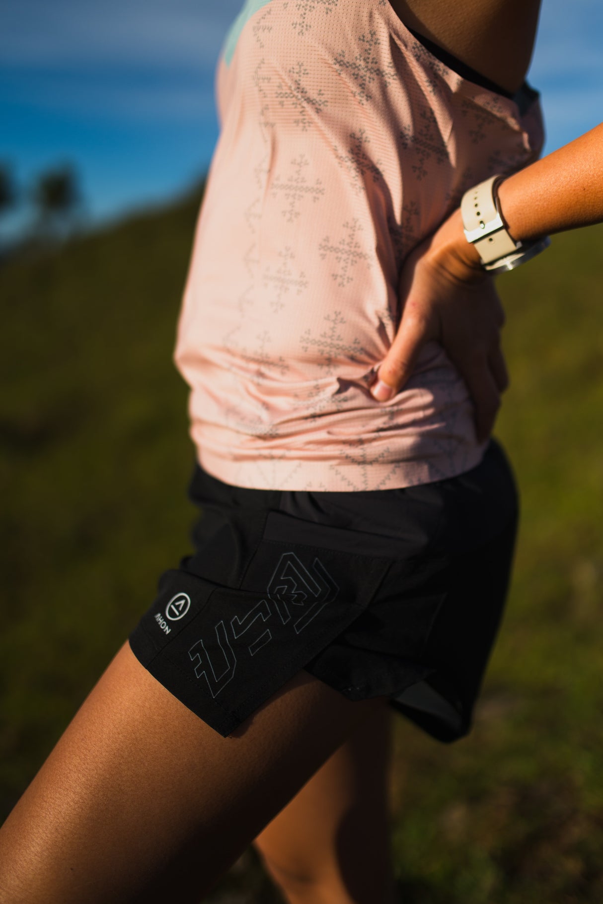 Close-up of Ahon Trail Shorts Pro (Colorway 4) showing split side design and side pockets