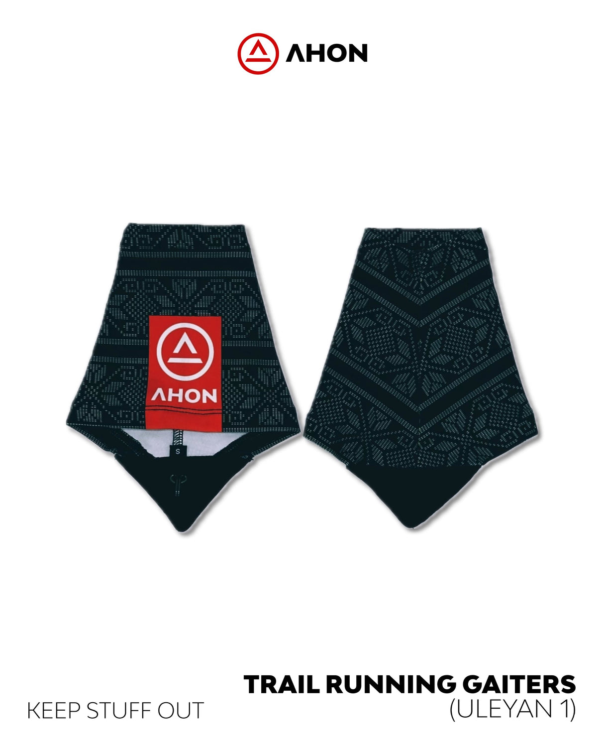Flatlay of Ahon Uleyan 1 Trail Gaiters showing tribal design and red Ahon logo patch