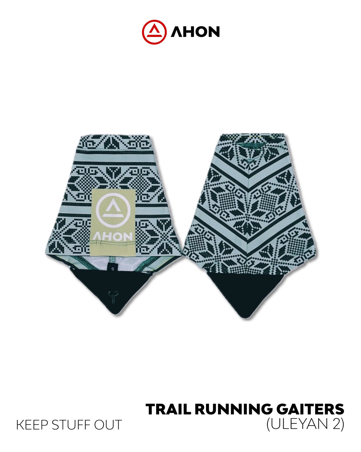 Flatlay of Ahon Uleyan 2 Trail Gaiters showing woven-inspired design and hook-tab system