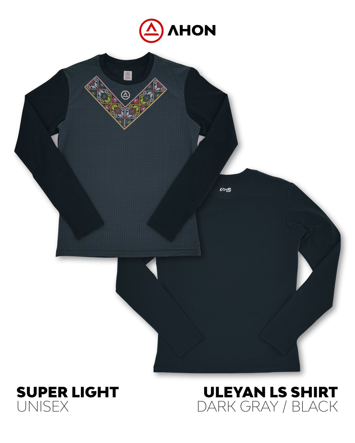 Flatlay of Uleyan Super Light LS Shirt (Dark Gray / Black) showing geometric front detail and minimalist back design