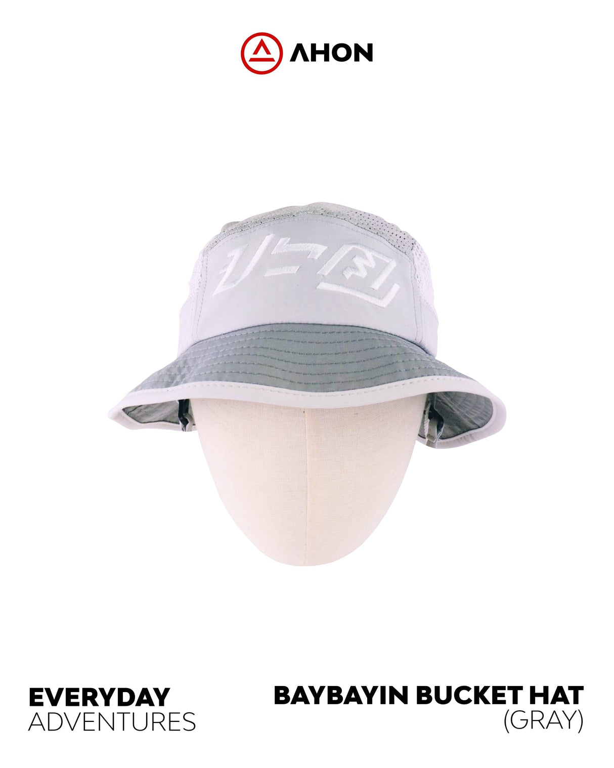 Close-up of the Baybayin script embroidery on the Ahon Bucket Hat in gray.
