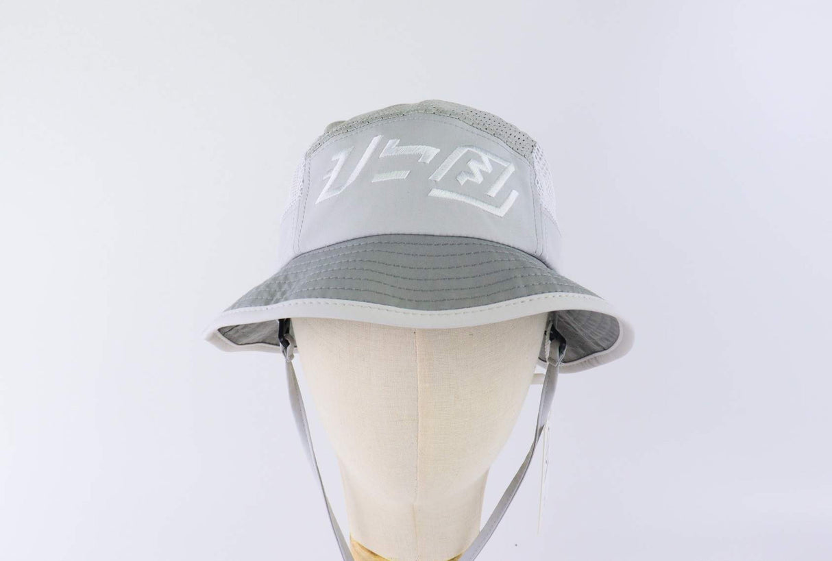 Close-up of the Baybayin script embroidery on the Ahon Bucket Hat in gray.