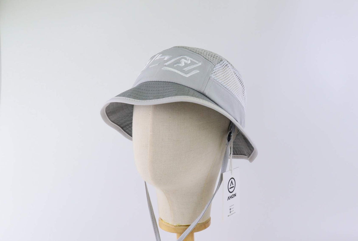 Ahon Baybayin Bucket Hat (Gray) side profile showing chin strap and breathable fabric.