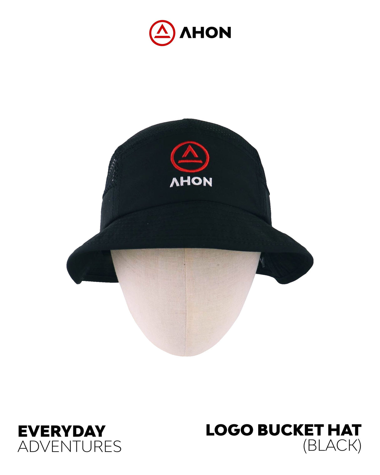 Ahon Bucket Hat front view showing red embroidered logo
