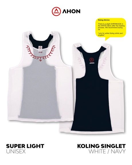 Koling Super Light Singlet white and navy laid flat to show full design