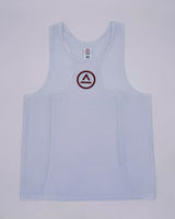Front view of KSU Singlet 1 in white with red Ahon logo – trail mesh running top