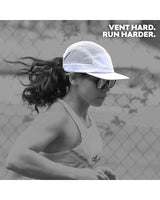 female runner in Ahon gray mesh running cap on trail