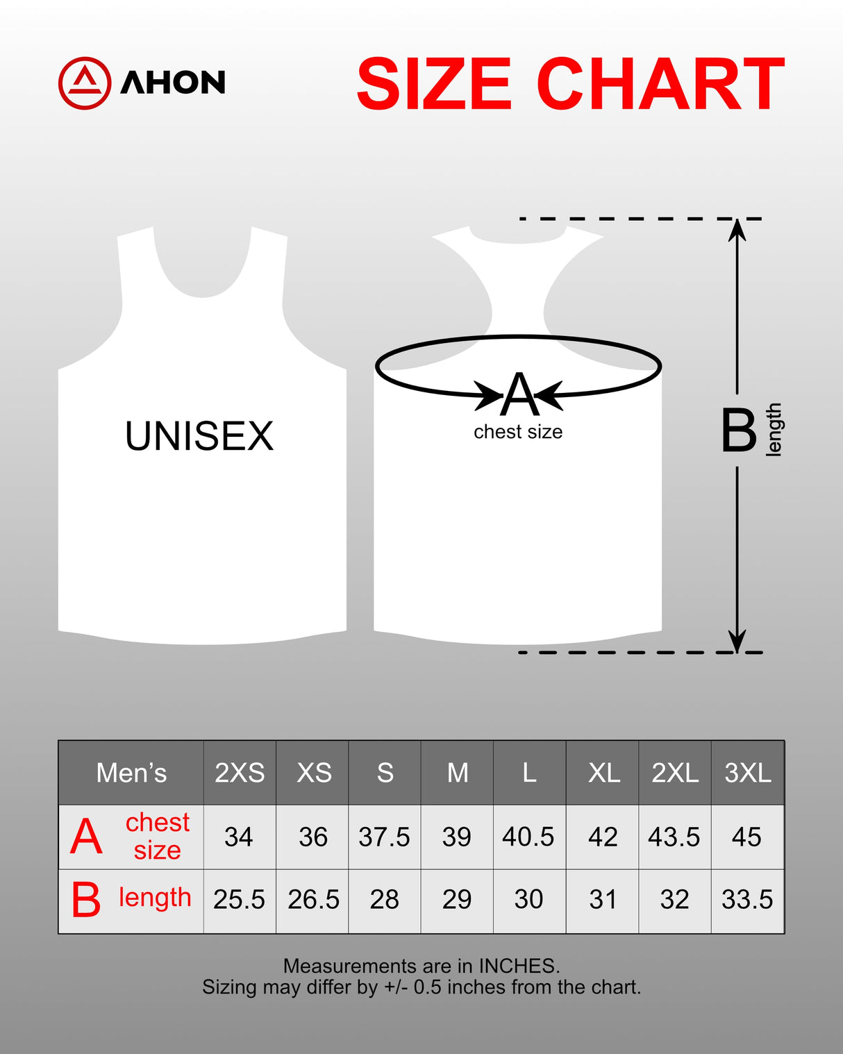 Ahon unisex size chart for Super Light Collection singlets