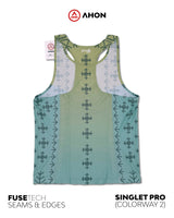 Ahon Singlet Pro Colorway 2 laid flat, showing detailed bonded edges and woven-inspired pattern