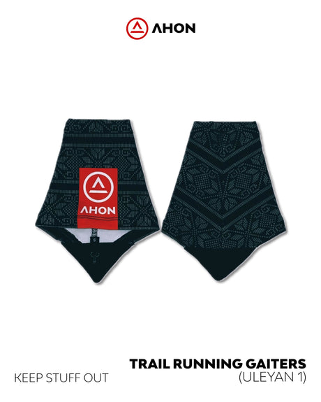 Flatlay of Ahon Uleyan 1 Trail Gaiters showing tribal design and red Ahon logo patch