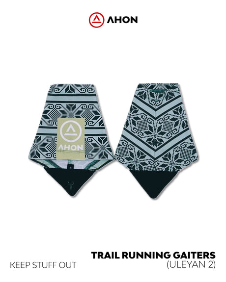 Flatlay of Ahon Uleyan 2 Trail Gaiters showing woven-inspired design and hook-tab system