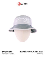 Close-up of the Baybayin script embroidery on the Ahon Bucket Hat in gray.