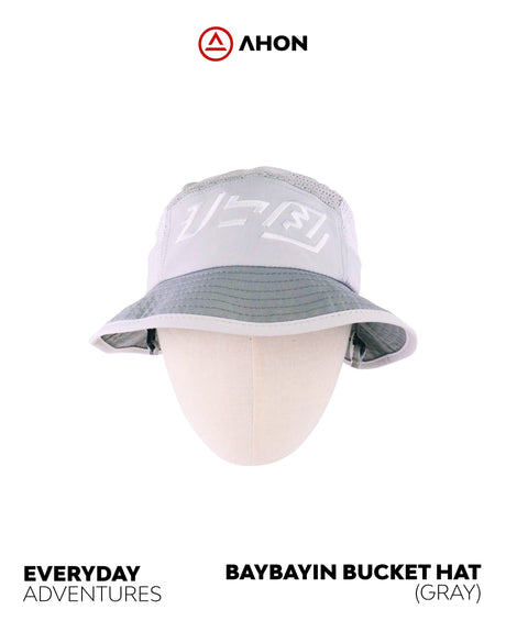 Close-up of the Baybayin script embroidery on the Ahon Bucket Hat in gray.