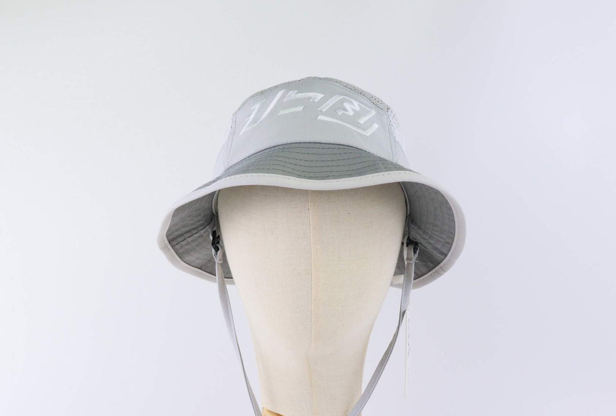 Close-up of the Baybayin script embroidery on the Ahon Bucket Hat in gray.