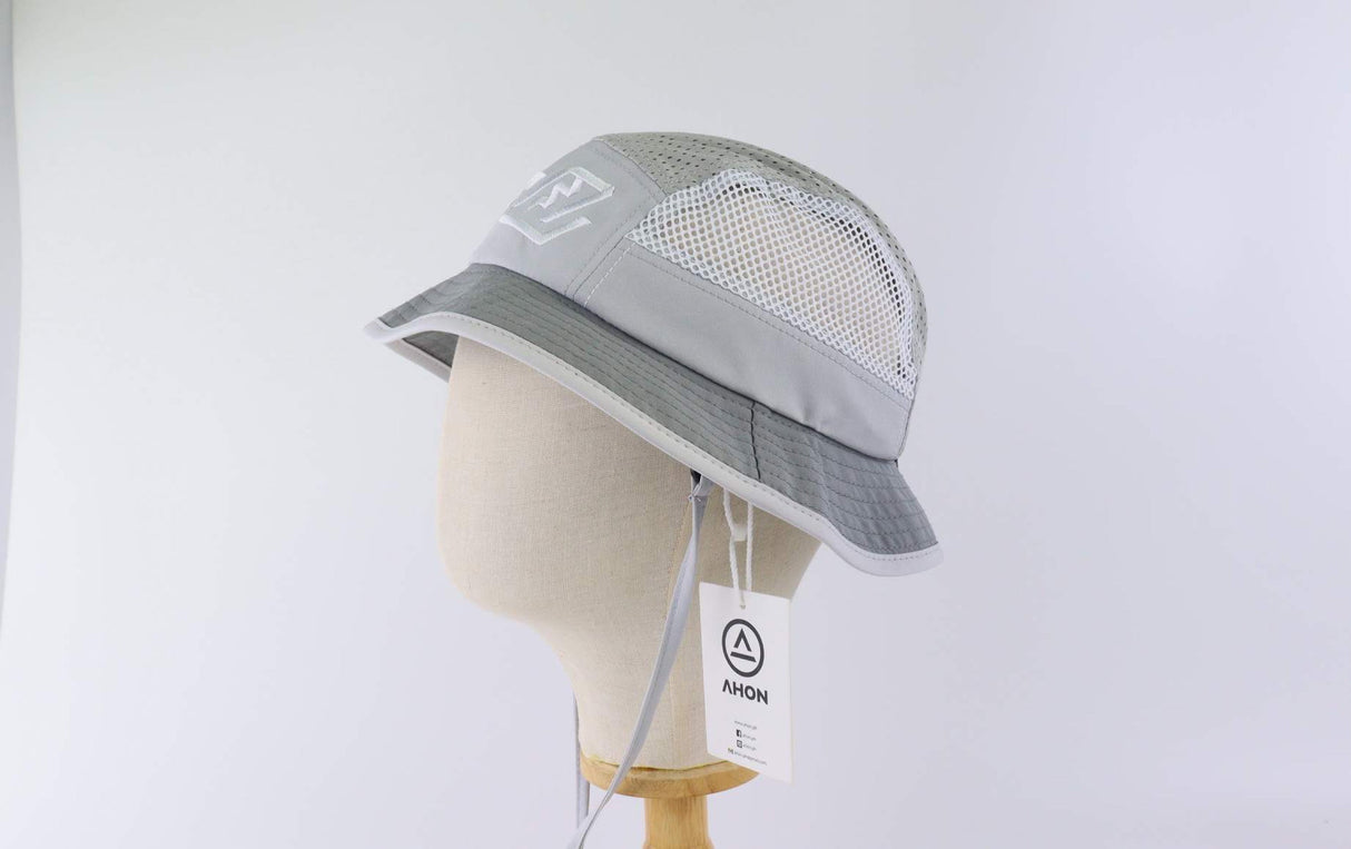 Ahon Baybayin Bucket Hat (Gray) side profile showing chin strap and breathable fabric.
